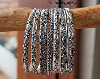 Pulseiras de prata martelada, conjunto de 7 pulseiras, pulseira com design de peixe, joias marteladas, pulseiras de prata 925, pulseiras com design, pulseiras femininas