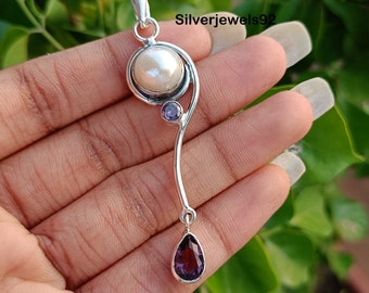Boho 925 Sterling Silver Pearl Amethyst Pendant