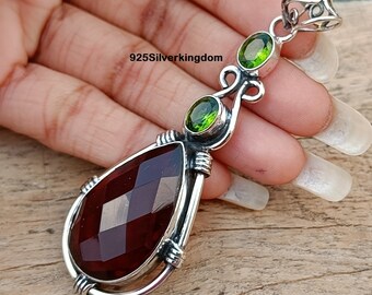 Handmade Garnet & Peridot Pendant: 925 Sterling Silver Boho Jewelry