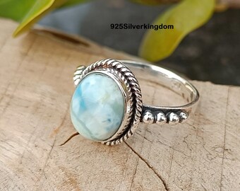 Larimar Ring, 925 Sterling Silver, Boho Style Ring, Meditation Ring, Designed Ring, Excellent Gift For Her, Oval Skyblue Stone Ring