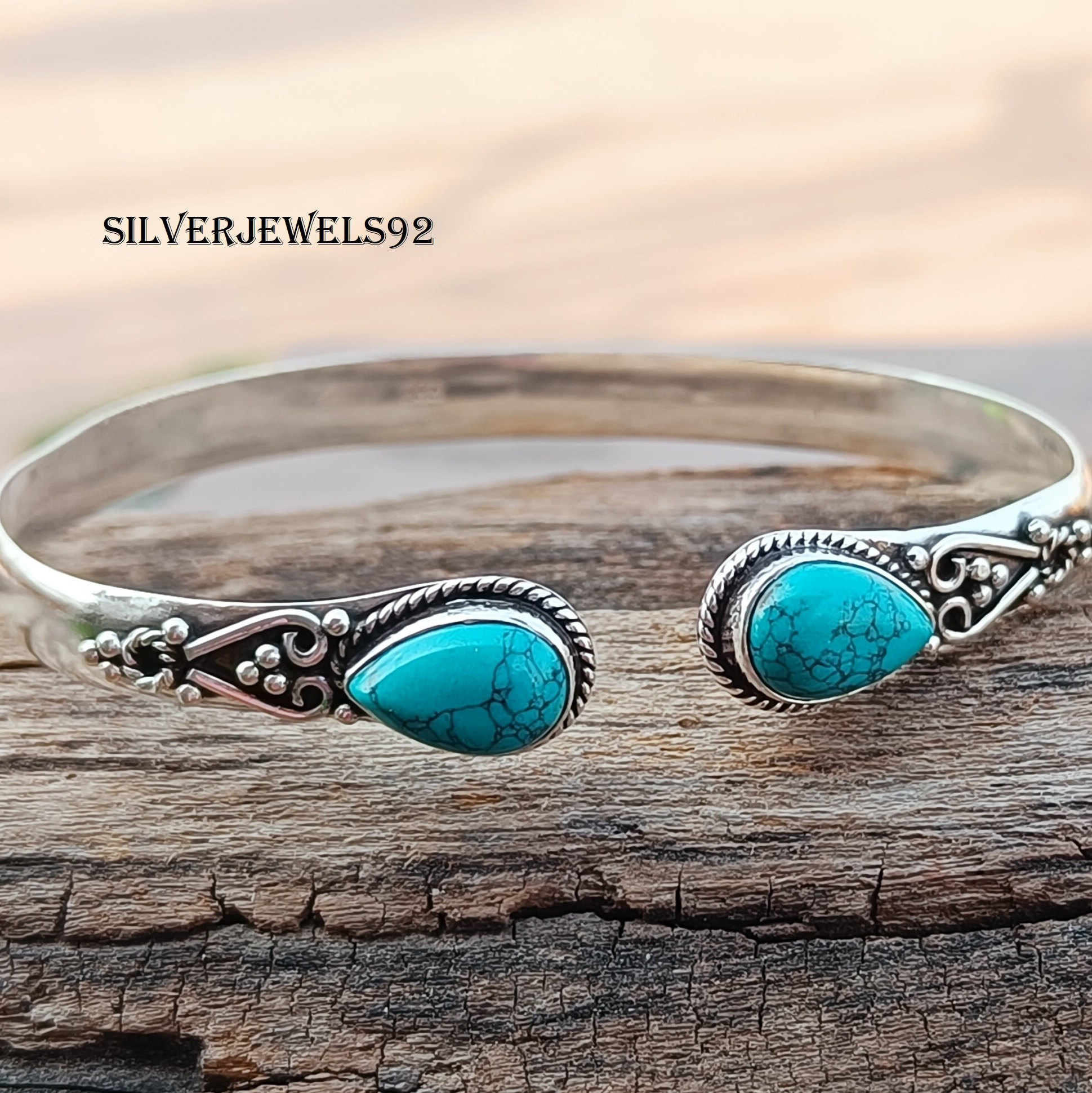 Blue Copper Turquoise Bangle: Handmade 925 Sterling Silver Jewelry