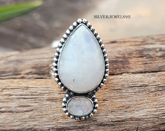Handmade Rainbow Moonstone 925 Sterling Silver Statement Ring