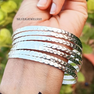 Engraved 925 Solid Sterling Silver Bangle, Stacking Bangle, Hammered Shiny Silver Bangles, 7 Bangles Set, Artisan Bangles, Handmade Bangles