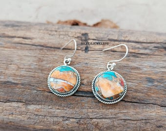 Boho Oyster Copper Turquoise Earrings, 925 Sterling Silver, Handmade