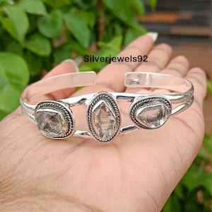 Raw Herkimer Diamond Bangle: 925 Sterling Silver Adjustable Gemstone Bracelet