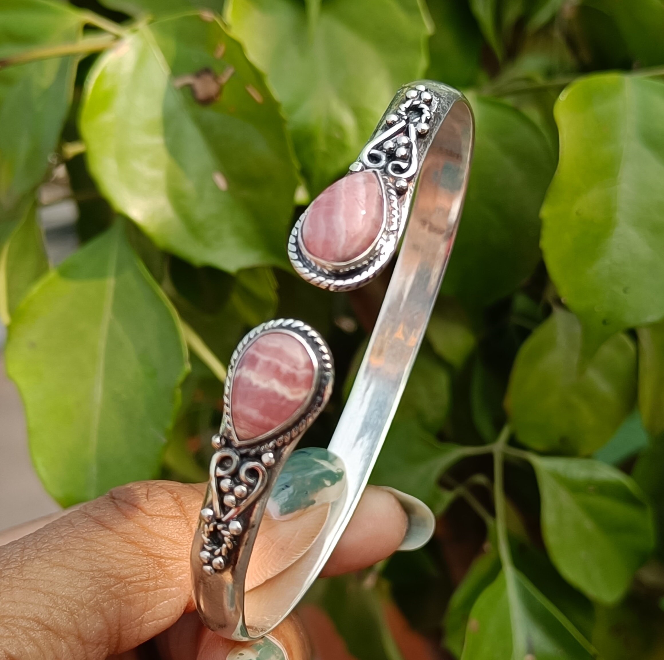 Handmade Rhodochrosite 925 Sterling Silver Bangle: Boho Gemstone 