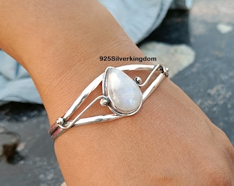 Handmade 925 Silver Moonstone Bangle: Adjustable Boho Jewelry