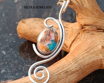 Oyster Copper Turquoise Pendant, Long Pendant With Gemstone, Multi Color Stone Pendant, 925 Silver Pendant, Bridesmaid Pendant, Gift Jewelry