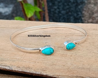 Handmade Turquoise Bangle: 925 Sterling Silver Two-Stone Boho Jewelry