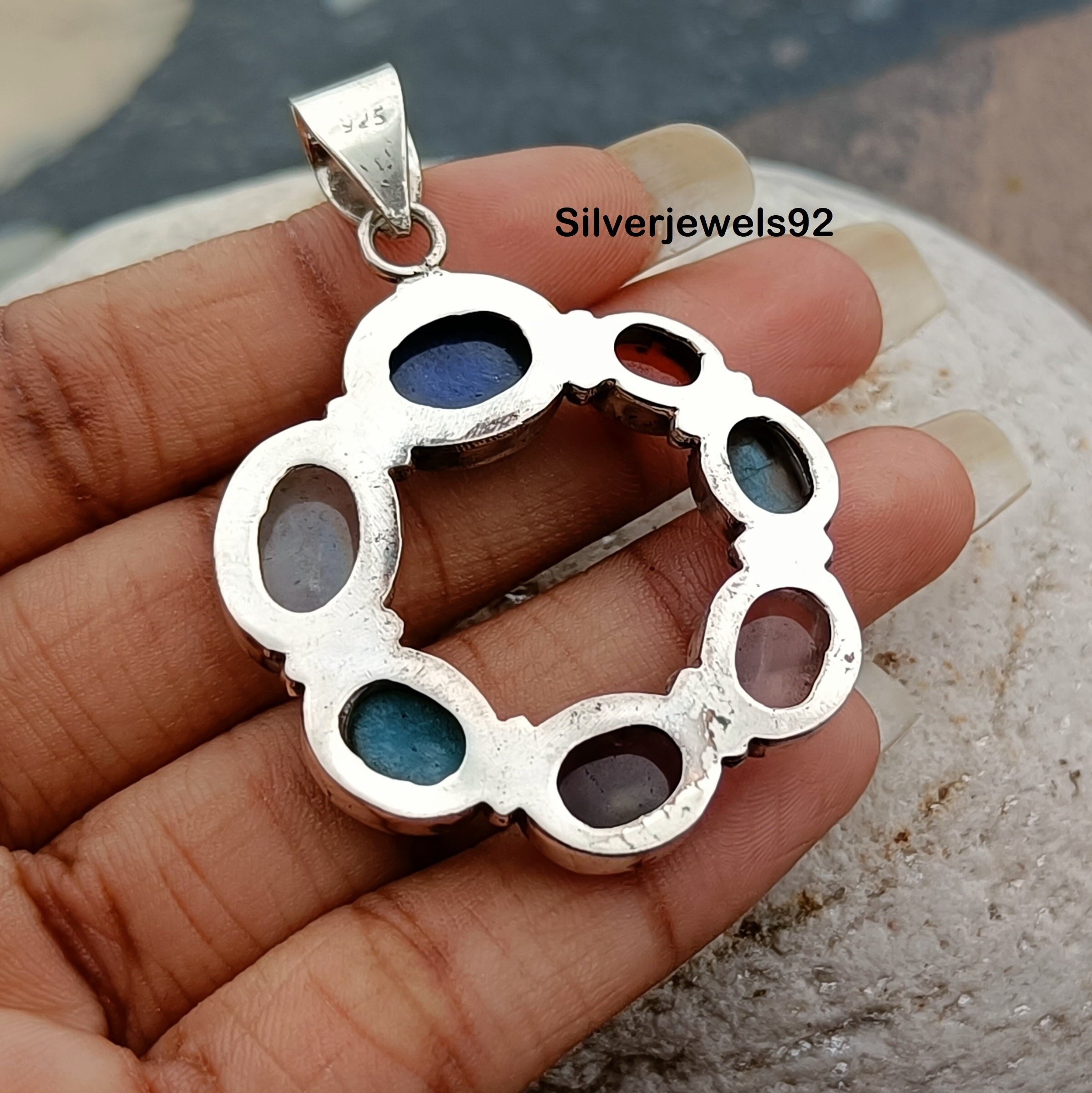 Handmade 925 Sterling Silver Multi-stone Pendant: Lapis Lazuli