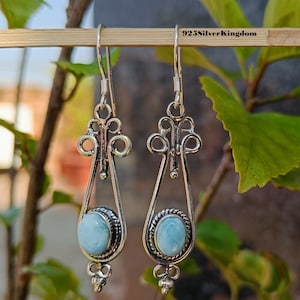 Dominican Larimar Oval Stone Solid 925 Sterling Silver Earring For Women , Handmade Boho Silver Larimar Earring For Wedding Anniversary Gift