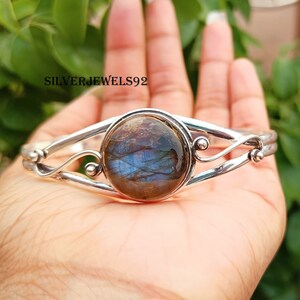Handmade Labradorite Bangle: Adjustable Sterling Silver Boho Statement