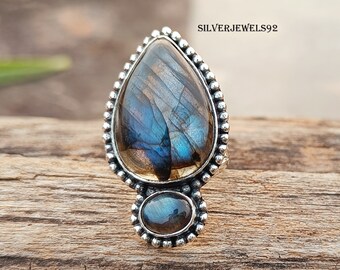 Handmade Two Stone Labradorite Ring: 925 Sterling Silver Boho Jewelry