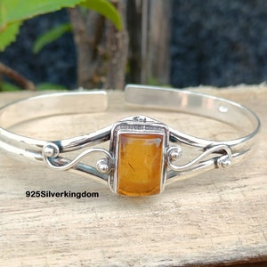 Handmade Amber Bangle: 925 Sterling Silver Boho Jewelry