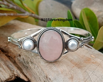 Rose Quartz Bangle, 925 Silver Bangle, 3 Stones Bangle, Pink Gemstone Bangle, Adjustable Bangle, Handmade Pearl Bangle, Gorgeous Bangle