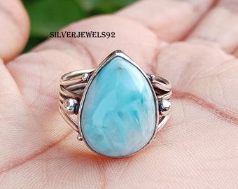 Bague en larimar, bague avec pierres précieuses en forme de poire, bague avec pierre de naissance de mars, bague de méditation, bague faite main, bague en cristal de guérison, bague femme, bague mariée