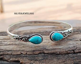 Handmade Turquoise Bangle: 925 Sterling Silver Adjustable Boho