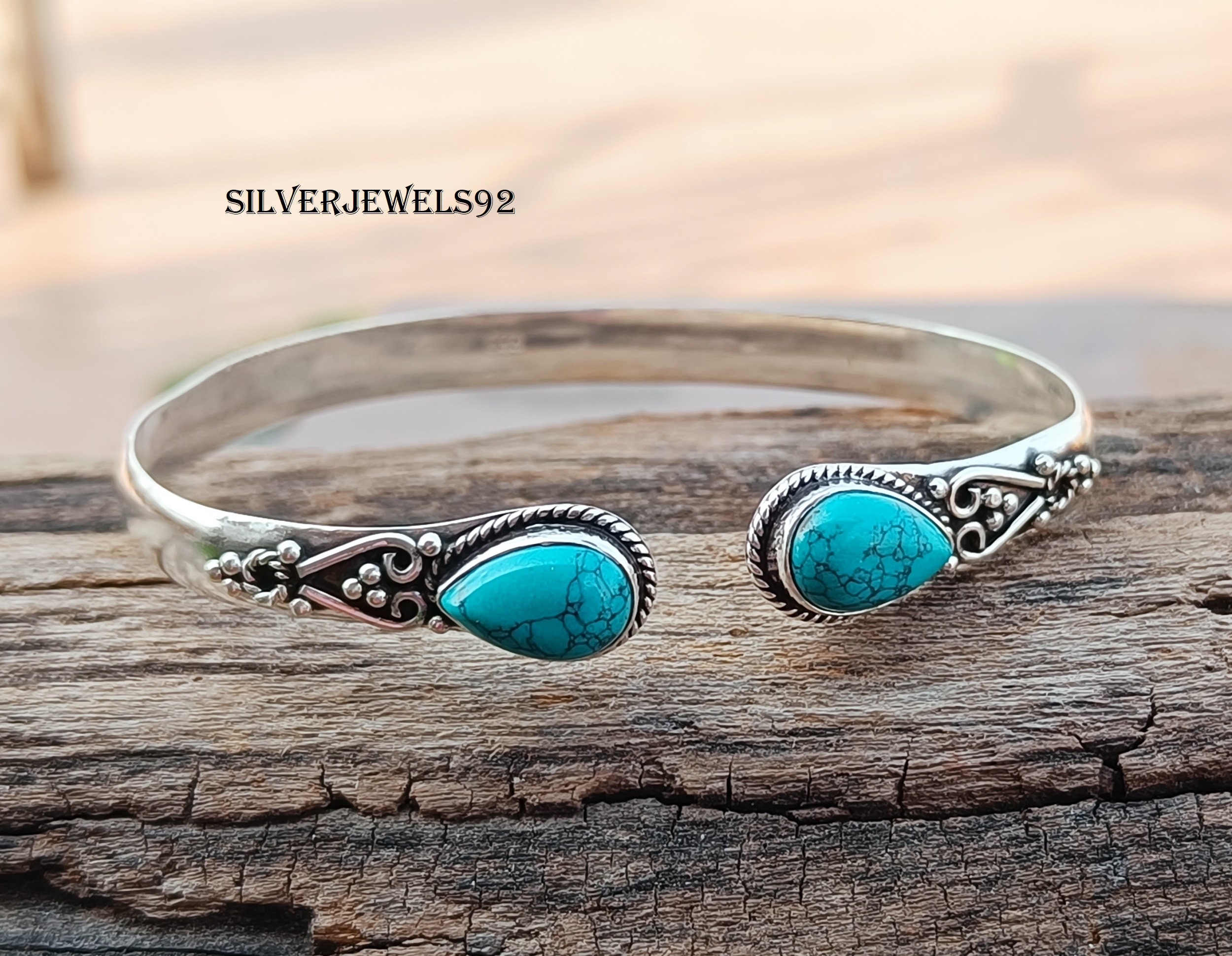 Handmade Turquoise Bangle: 925 Sterling Silver Adjustable Boho