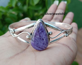 Charoite Bangle, 925 Sterling Silver Bangle, Gemstone Bangle, Handmade Bangle, Charoite Jewelry, Adjustable Bangle, Gift Bangle