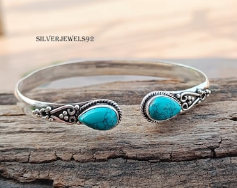 Handmade Turquoise Bangle: 925 Sterling Silver Adjustable Boho