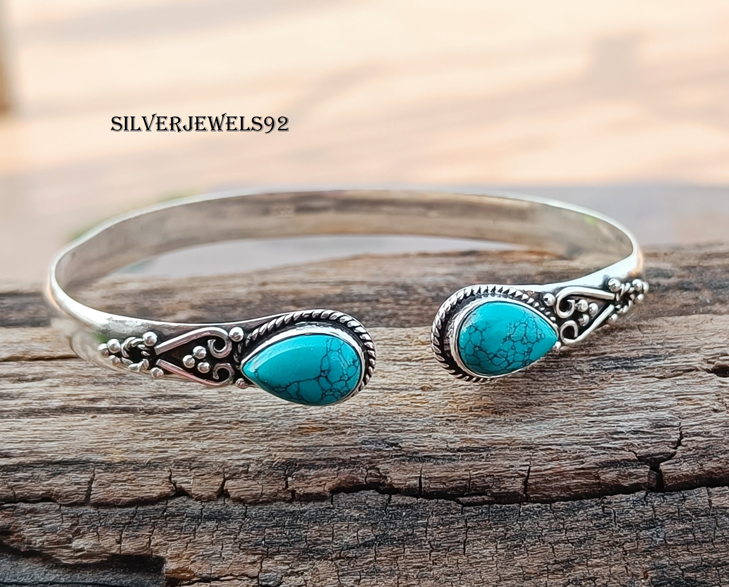 Handmade Turquoise Bangle: 925 Sterling Silver Adjustable Boho