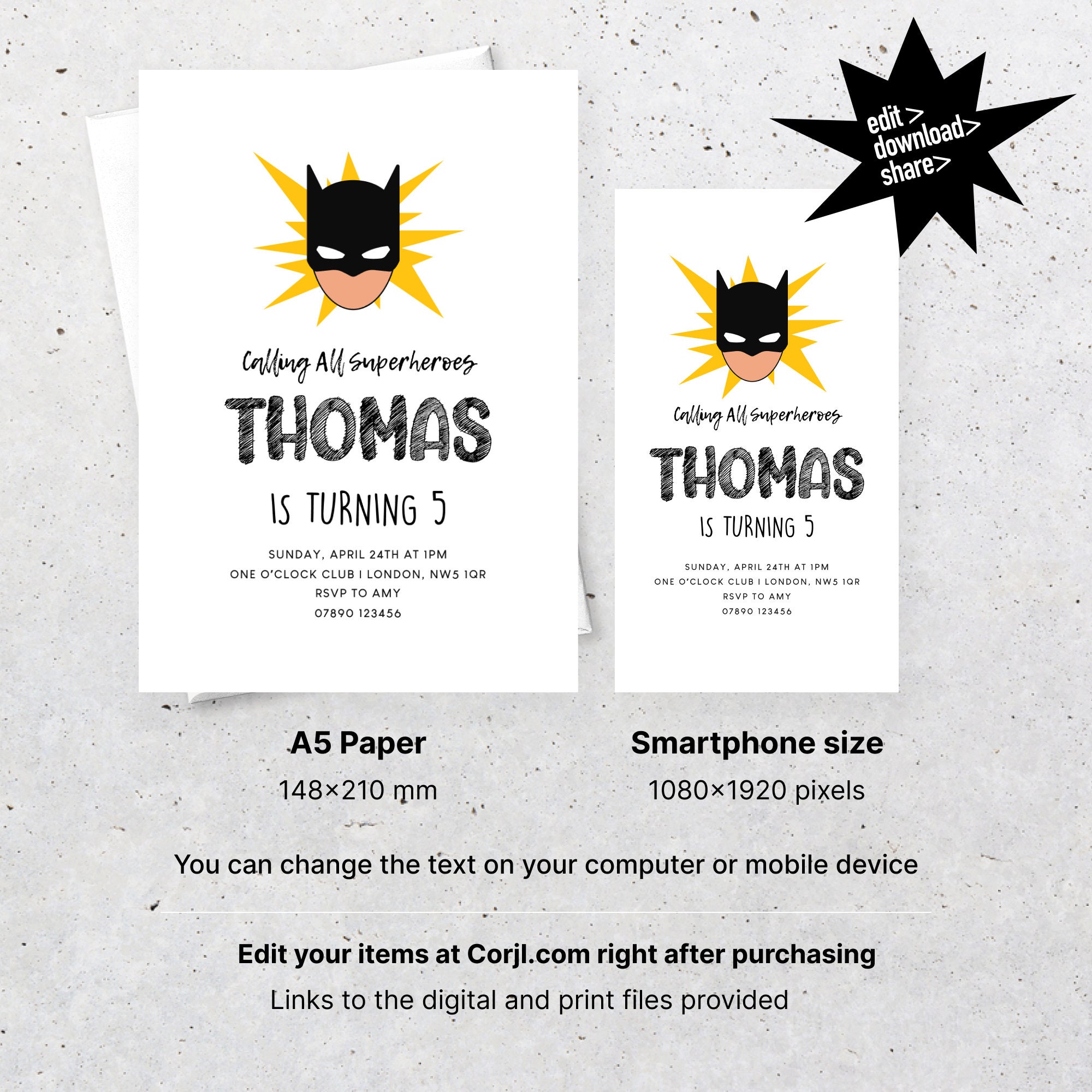 Superhero Boy Birthday Party Invitation to Edit as You Wish. Digital ...
