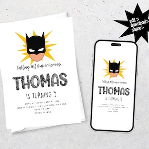 Superhero boy birthday party invitation to edit as you wish. Digital template to customise, download and share. Print out and send.