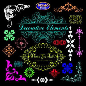 May include: A collection of colorful digital graphic assets on a black background, including corner flourishes, borders, and frames. Text elements include PIXMO Digital, Decorative Elements, and Place For Text, with various floral and scroll motifs.