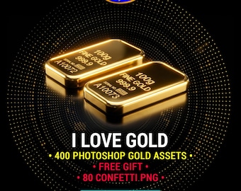 Gold Pack 400 Photoshop Assets: Text Effects PSD, grd, asl + Free Gift Confetti PNG