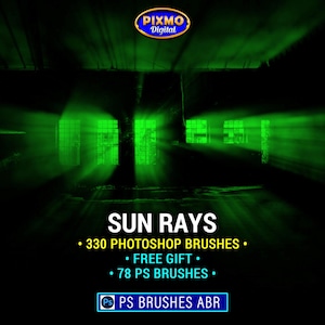 Puede incluir: Gráfico digital con fondo oscuro y rayos de sol verdes que brillan a través de ventanas. El texto incluye "SUN RAYS", "330 PHOTOSHOP BRUSHES", "FREE GIFT" y "78 PS BRUSHES". El logotipo de Pixmo Digital está en la parte superior.