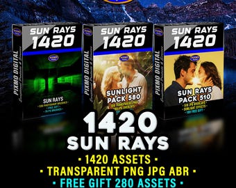 Sun Rays Effects Bundle: 1420 Transparent PNG, Jpg And Photoshop Brushes ABR
