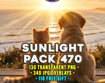 Sunlight PNG & JPG Overlays 470 Pack: Sun Beams, Lens Flare, Starburst, Dreamy Light