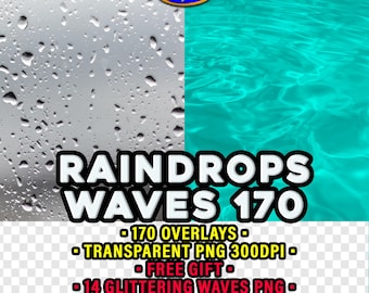 Atmospheric Overlays: 170 Transparent PNG, Water Waves, Window Raindrops Effects, Rain Droplets