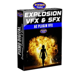 May include: A rectangular software box for Explosion VFX & SFX AE Plugin VFX by Pixmo Digital. The black box features a large, bright orange explosion graphic with a dark silhouette of a person standing in front of it. Text includes Pixmo Digital, Explosion VFX & SFX, and AE Plugin VFX.