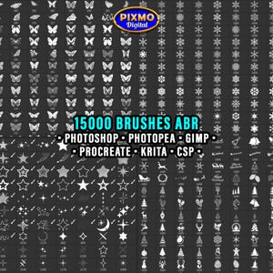 May include: A digital collection of 15000 brushes in ABR format for software including Photoshop, Photopea, GIMP, Procreate, Krita, and CSP. The display features white icons of butterflies, snowflakes, stars, and holiday motifs on a dark background.