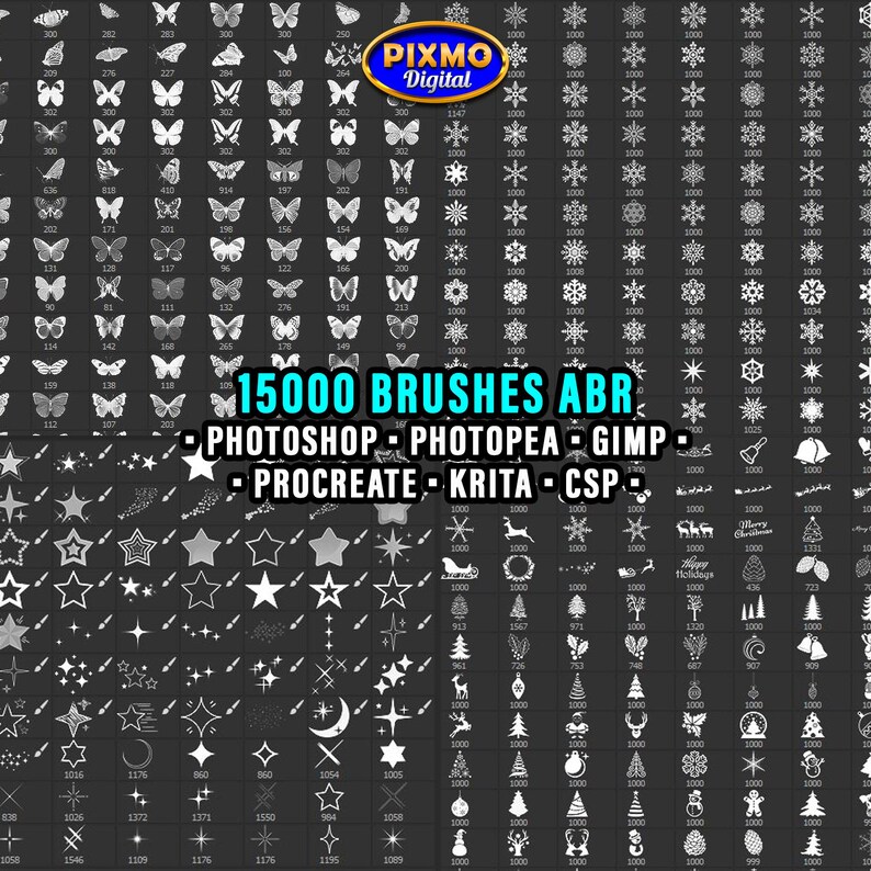 May include: A digital collection of 15000 brushes in ABR format for software including Photoshop, Photopea, GIMP, Procreate, Krita, and CSP. The display features white icons of butterflies, snowflakes, stars, and holiday motifs on a dark background.