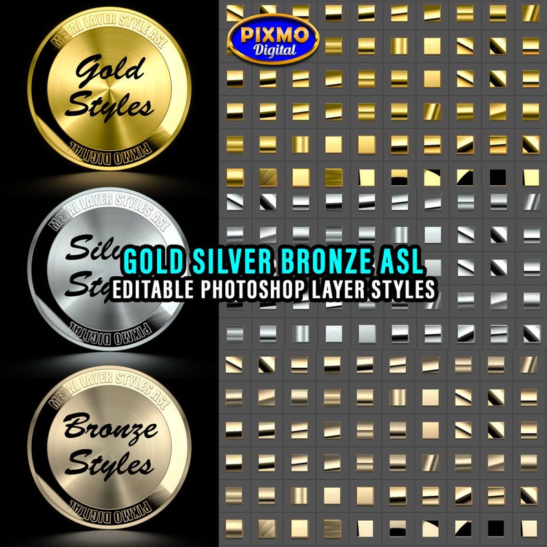Photoshop Layer Styles Bundle: 1400 Metal ASL Format Featuring Gold ...