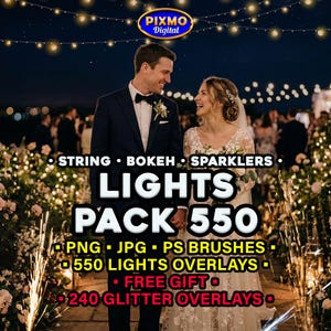 May include: A digital wedding lights pack with the text "LIGHTS PACK 550". The image shows a happy couple, string lights, and sparklers. Includes PNG, JPG, PS brushes, 550 lights overlays, a free gift, and 240 glitter overlays.