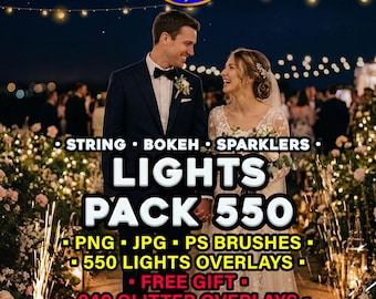 Lights Overlays 550 Pack: Transparent PNG, JPG & Photoshop Brushes + Free Gift Glitter Overlays