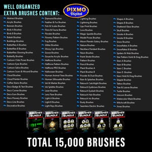 May include: A digital product list titled WELL ORGANIZED EXTRA BRUSHES CONTENT with the Pixmo Digital logo. It features a comprehensive list of brush categories and six Brushes Bundle boxes, concluding with the text TOTAL 15,000 BRUSHES.
