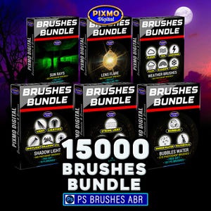 May include: A digital product collection titled 15000 Brushes Bundle featuring six black boxes with white text and red accents. Each box displays specific Photoshop brush categories including sun rays, lens flare, weather, shadow light, string light, and bubbles.