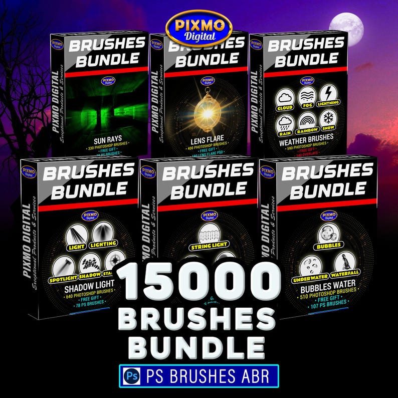 May include: A digital product collection titled 15000 Brushes Bundle featuring six black boxes with white text and red accents. Each box displays specific Photoshop brush categories including sun rays, lens flare, weather, shadow light, string light, and bubbles.