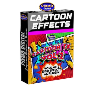 May include: A rectangular software box for Cartoon Effects featuring a comic book style graphic with yellow lightning bolts and blue bursts. The text reads Cartoon Effects, Cartoon FX Vol 2, and Volume 2 1500 Effects AE Plugin with Pixmo Digital branding.