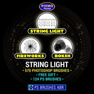 Ljusslingor och fyrverkerieffekter: 570 Photoshop-penslar med belysning, Bokeh (kompatibel med Photopea)