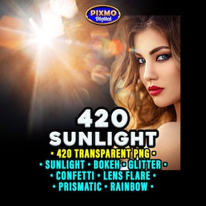 Puede incluir: Un gráfico digital que muestra a una persona con cabello ondulado, ojos azul brillante y labios rojos, sobre un fondo de luz solar intensa, destellos de lente y efectos bokeh. El texto incluye 420 SUNLIGHT, 420 TRANSPARENT PNG, SUNLIGHT, BOKEH, GLITTER, CONFETTI, LENS FLARE, PRISMATIC, RAINBOW.