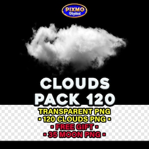 May include: A digital graphic featuring a fluffy white cloud against a black background. The text "CLOUDS PACK 120" is prominently displayed, along with details about transparent PNG files, cloud count, and a free gift of moon PNGs.
