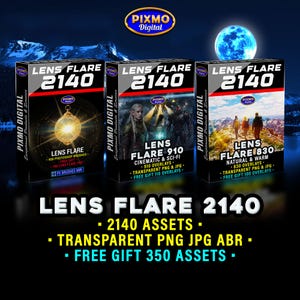 以下が含まれることがあります： 「Lens Flare 2140」デジタルアセットの3つの製品ボックス。各ボックスには、金色のレンズフレア、映画のシーン、自然の風景など、異なる画像が使用されています。ボックスは黒色で赤いアクセントがあり、Pixmo Digitalのロゴが含まれています。