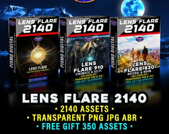 Pacchetto di effetti Lens Flare: 2140 pennelli trasparenti in formato PNG, JPG e Photoshop con valore ABR 3 in 1