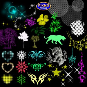 May include: A digital collection of graphic elements on a black background, including a unicorn, a tiger, trees, snowflakes, hearts, stars, bamboo, a chandelier, and the text PIXMO Digital. Various colors like neon green, yellow, pink, and blue are used.