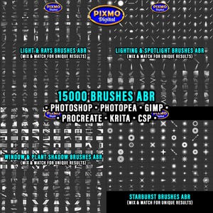 May include: A digital collection of 15000 brushes in ABR format for Photoshop, Photopea, GIMP, Procreate, Krita, and CSP. The image displays grids of white light, ray, spotlight, window, plant shadow, and starburst brush patterns on black backgrounds.